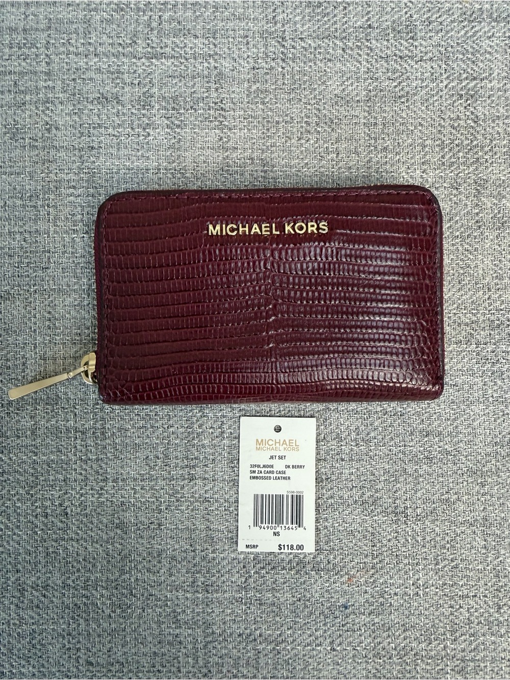Michael Kors Jet Set Embossed Leather Zip-Around Card Case Wallet - Dark Berry